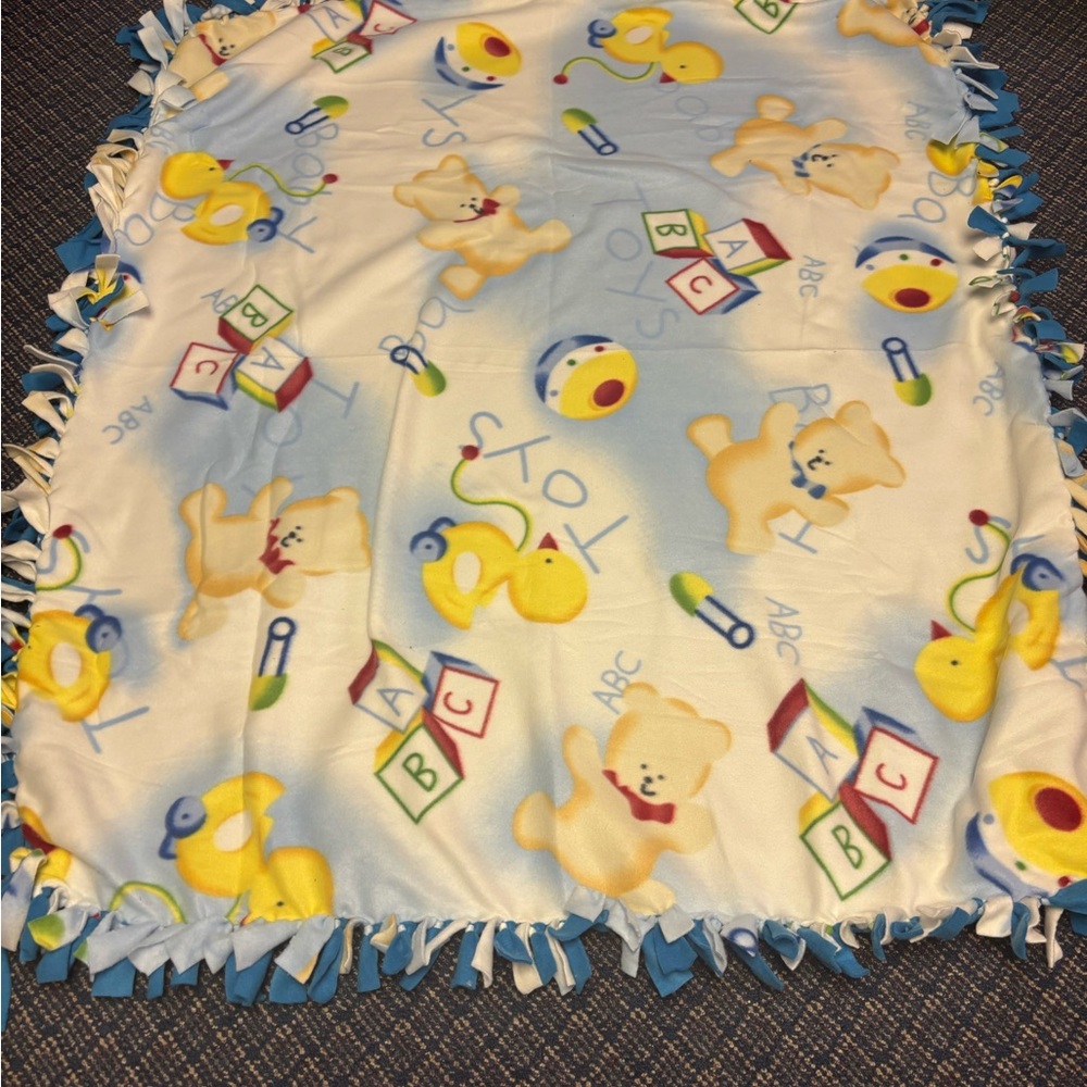 Baby Fleece Tie-Edge Blanket - Teddy & Duck Print, Light Blue